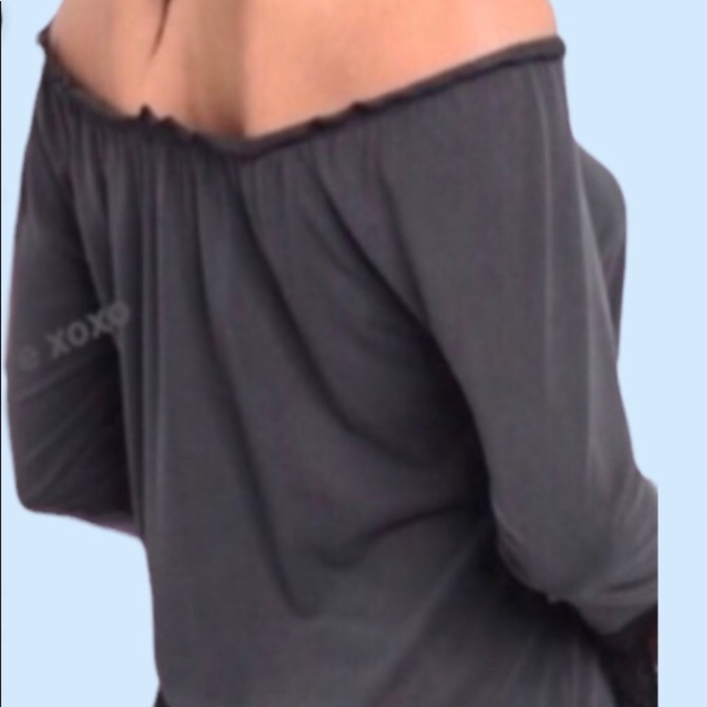 ❌DONATED❌Charcoal Gray Off The Shoulders Mesh Floral Bell Sleeve Tie Knot Top - Picture 3 of 13
